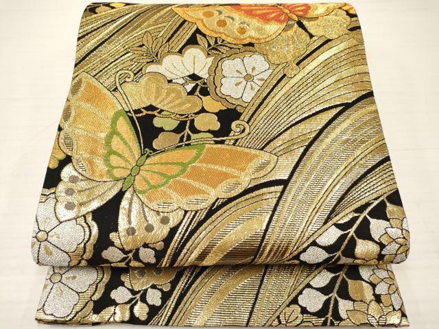 平和屋着物∵子供　両面　全通柄袋帯　流水花蝶文　金銀糸　逸品　DAAY3266ma