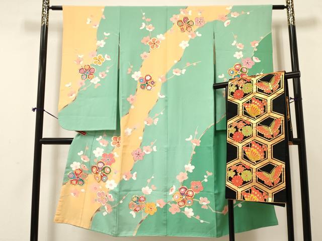 平和屋着物[]七五三　女の子　７歳　祝着　四つ身　袋帯セット　駒刺繍　枝梅花文　逸品　DAAY3267ma