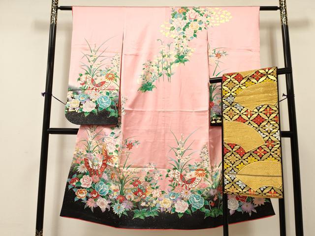 平和屋着物[]七五三　女の子　７歳　祝着　四つ身　袋帯セット　花蝶文　暈し染め　金彩　逸品　DAAY3268ma