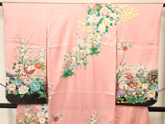 平和屋着物[]七五三　女の子　７歳　祝着　四つ身　袋帯セット　花蝶文　暈し染め　金彩　逸品　DAAY3268ma