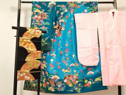 平和屋着物[]七五三　女の子　７歳　祝着　四つ身　襦袢(単衣)・袋帯セット　地紙鞠花文　暈し染め　金彩　逸品　DAAY3269ma