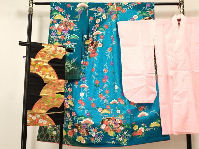 平和屋着物[]七五三　女の子　７歳　祝着　四つ身　襦袢(単衣)・袋帯セット　地紙鞠花文　暈し染め　金彩　逸品　DAAY3269ma