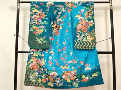 平和屋着物[]七五三　女の子　７歳　祝着　四つ身　襦袢(単衣)・袋帯セット　地紙鞠花文　暈し染め　金彩　逸品　DAAY3269ma