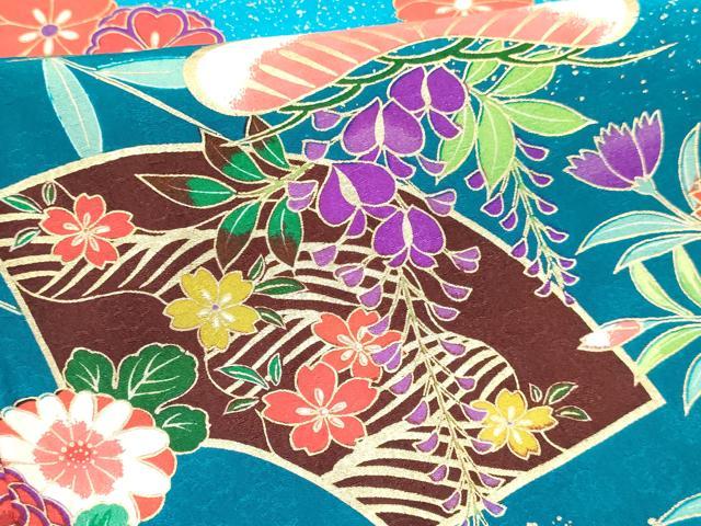 平和屋着物[]七五三　女の子　７歳　祝着　四つ身　襦袢(単衣)・袋帯セット　地紙鞠花文　暈し染め　金彩　逸品　DAAY3269ma