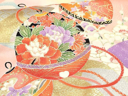 平和屋着物[]七五三　女の子　７歳　祝着　四つ身　長襦袢(無双仕立て)・袋帯セット　扇面鞠花文　暈し染め　金彩　逸品　DAAY3270ma