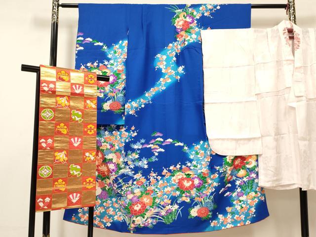 平和屋着物[]七五三　女の子　７歳　祝着　四つ身　襦袢(無双仕立て)・袋帯セット　駒刺繍　花鳥文　暈し染め　金彩　逸品　DAAY3271ma