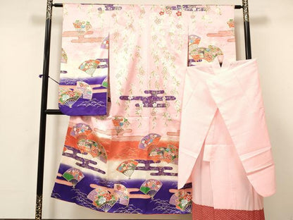 平和屋着物∵女の子 十三参り 子供 襦袢(単衣)セット 駒刺繍 エ霞扇面御所車花文 暈し染め 金銀彩 逸品 DAAY3274ma