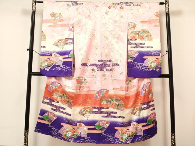 平和屋着物∵女の子 十三参り 子供 襦袢(単衣)セット 駒刺繍 エ霞扇面御所車花文 暈し染め 金銀彩 逸品 DAAY3274ma