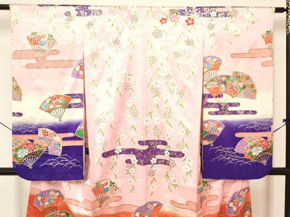 平和屋着物∵女の子 十三参り 子供 襦袢(単衣)セット 駒刺繍 エ霞扇面御所車花文 暈し染め 金銀彩 逸品 DAAY3274ma