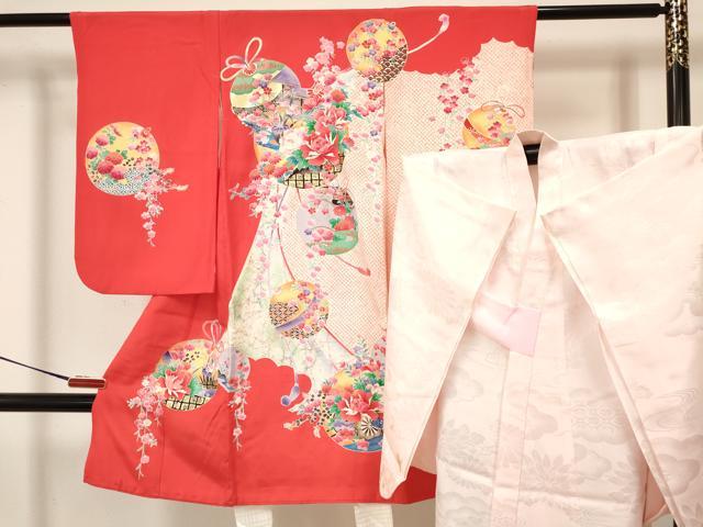平和屋着物[]七五三　女の子　３歳　祝着　三つ身　長襦袢(袷)セット　鞠　風景花車文　金銀彩　逸品　DAAY3275ma