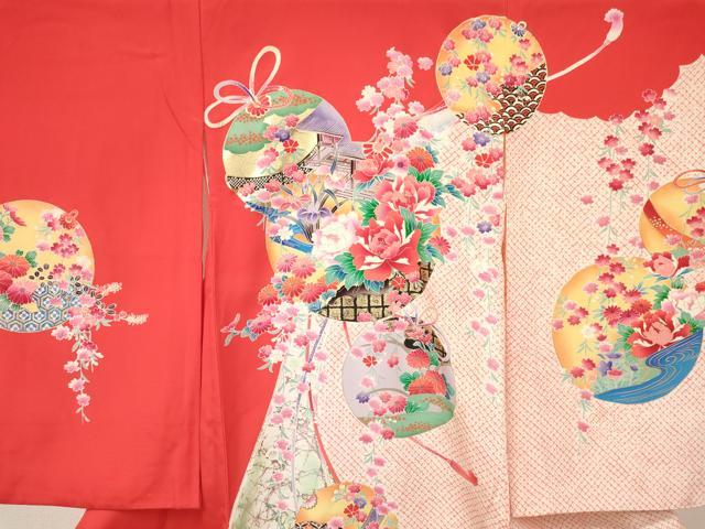 平和屋着物[]七五三　女の子　３歳　祝着　三つ身　長襦袢(袷)セット　鞠　風景花車文　金銀彩　逸品　DAAY3275ma