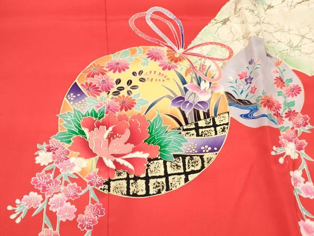 平和屋着物[]七五三　女の子　３歳　祝着　三つ身　長襦袢(袷)セット　鞠　風景花車文　金銀彩　逸品　DAAY3275ma