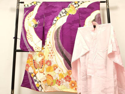 平和屋着物[]七五三　女の子　７歳　祝着　四つ身　長襦袢(単衣)セット　駒刺繍　花蝶文　金彩　逸品　DAAY3276ma