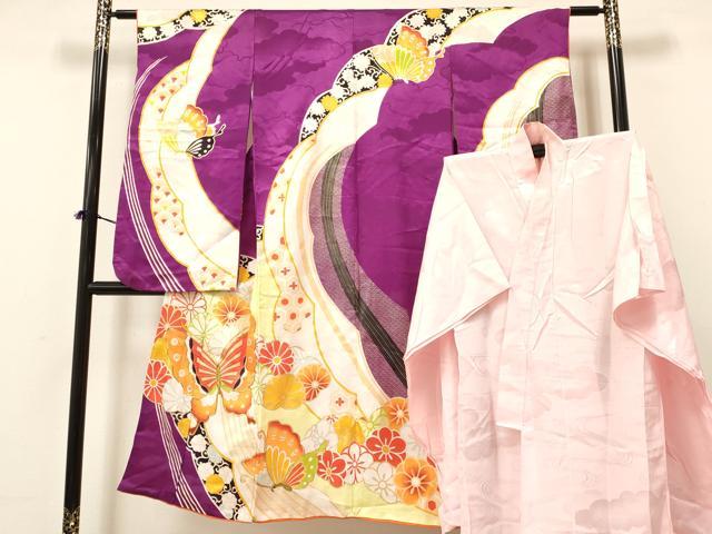平和屋着物[]七五三　女の子　７歳　祝着　四つ身　長襦袢(単衣)セット　駒刺繍　花蝶文　金彩　逸品　DAAY3276ma