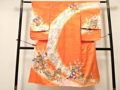 平和屋着物[]七五三　女の子　７歳　祝着　四つ身　襦袢付き　御所車鴛鴦花文　暈し染め　金彩　逸品　DAAY3278ma