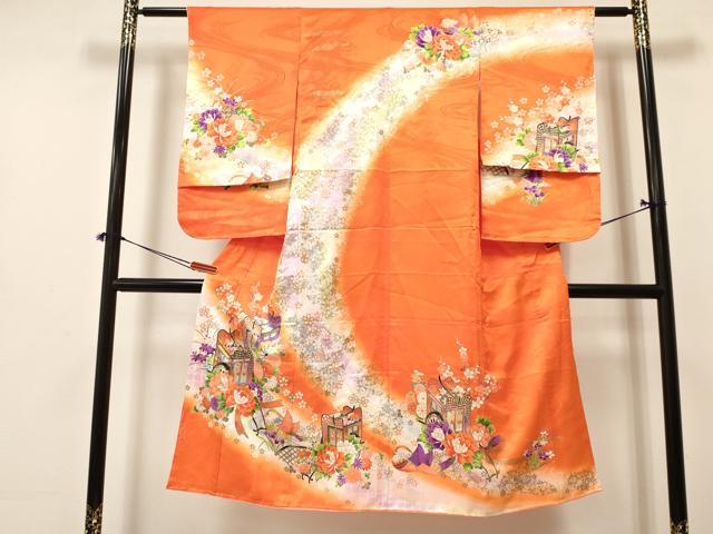 平和屋着物[]七五三　女の子　７歳　祝着　四つ身　襦袢付き　御所車鴛鴦花文　暈し染め　金彩　逸品　DAAY3278ma