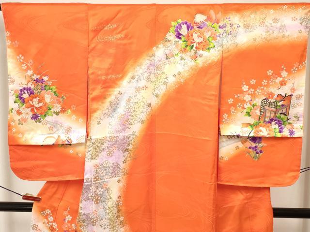 平和屋着物[]七五三　女の子　７歳　祝着　四つ身　襦袢付き　御所車鴛鴦花文　暈し染め　金彩　逸品　DAAY3278ma