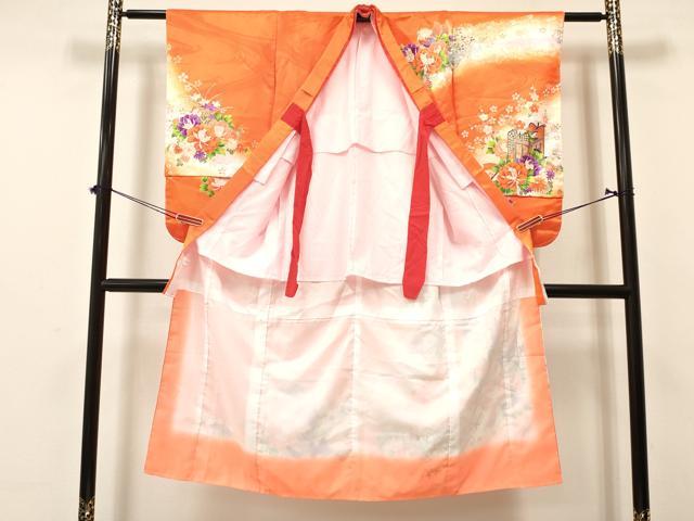 平和屋着物[]七五三　女の子　７歳　祝着　四つ身　襦袢付き　御所車鴛鴦花文　暈し染め　金彩　逸品　DAAY3278ma