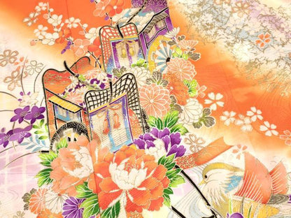 平和屋着物[]七五三　女の子　７歳　祝着　四つ身　襦袢付き　御所車鴛鴦花文　暈し染め　金彩　逸品　DAAY3278ma