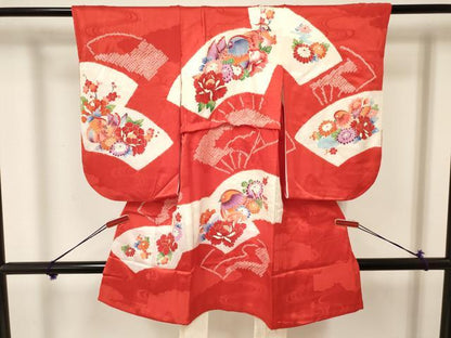 平和屋着物[]七五三　女の子　３歳　祝着　三つ身　襦袢付き　絞り　扇面鴛鴦花文　金彩　逸品　DAAY3279ma