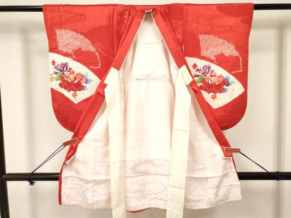 平和屋着物[]七五三　女の子　３歳　祝着　三つ身　襦袢付き　絞り　扇面鴛鴦花文　金彩　逸品　DAAY3279ma