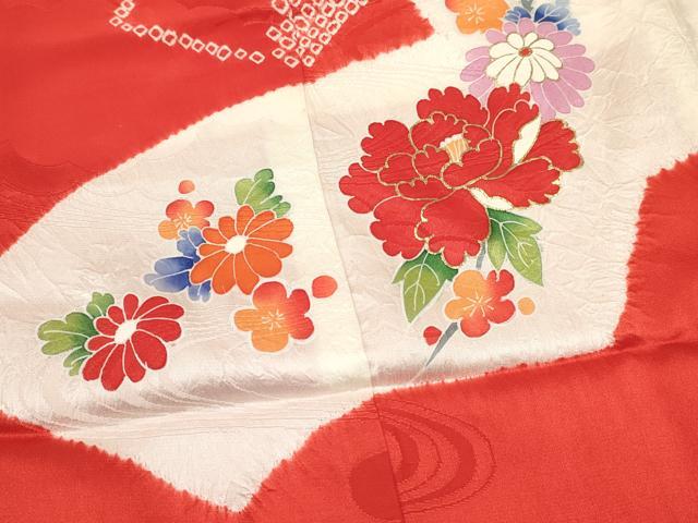 平和屋着物[]七五三　女の子　３歳　祝着　三つ身　襦袢付き　絞り　扇面鴛鴦花文　金彩　逸品　DAAY3279ma
