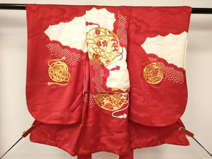 平和屋着物[]七五三　女の子　３歳　祝着　三つ身　駒刺繍　絞り　鞠花文　逸品　DAAY3283ma