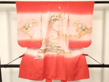 平和屋着物[]七五三　女の子　３歳　祝着　三つ身　駒刺繍　扇面花鳥文　暈し染め　金銀彩　逸品　DAAY3286ma