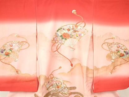 平和屋着物[]七五三　女の子　３歳　祝着　三つ身　駒刺繍　扇面花鳥文　暈し染め　金銀彩　逸品　DAAY3286ma