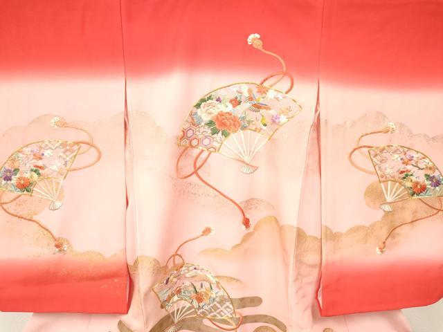 平和屋着物[]七五三　女の子　３歳　祝着　三つ身　駒刺繍　扇面花鳥文　暈し染め　金銀彩　逸品　DAAY3286ma