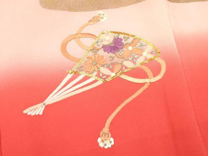 平和屋着物[]七五三　女の子　３歳　祝着　三つ身　駒刺繍　扇面花鳥文　暈し染め　金銀彩　逸品　DAAY3286ma