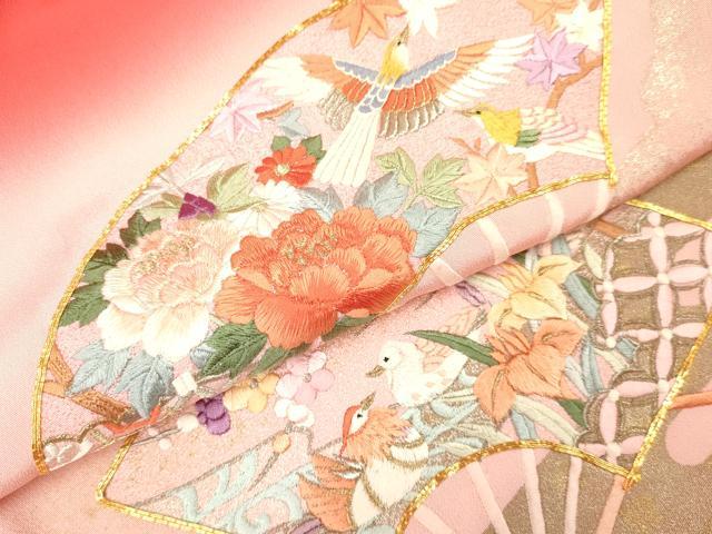 平和屋着物[]七五三　女の子　３歳　祝着　三つ身　駒刺繍　扇面花鳥文　暈し染め　金銀彩　逸品　DAAY3286ma