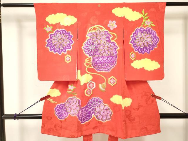 平和屋着物[]七五三　女の子　３歳　祝着　三つ身　駒刺繍　絞り　雲取り陶器花文　金銀糸　逸品　DAAY3287ma