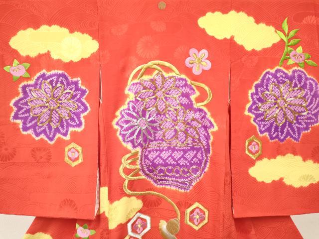 平和屋着物[]七五三　女の子　３歳　祝着　三つ身　駒刺繍　絞り　雲取り陶器花文　金銀糸　逸品　DAAY3287ma