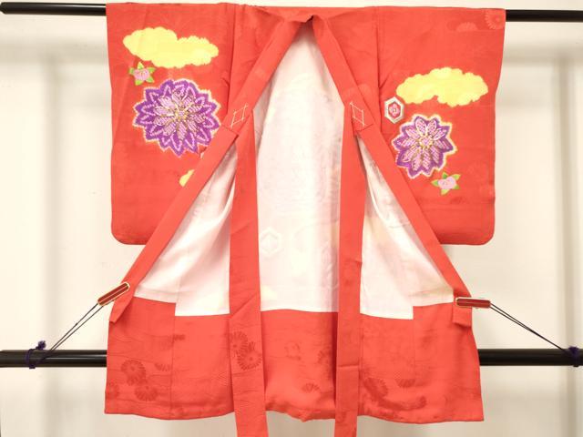 平和屋着物[]七五三　女の子　３歳　祝着　三つ身　駒刺繍　絞り　雲取り陶器花文　金銀糸　逸品　DAAY3287ma