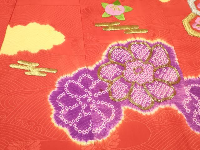 平和屋着物[]七五三　女の子　３歳　祝着　三つ身　駒刺繍　絞り　雲取り陶器花文　金銀糸　逸品　DAAY3287ma
