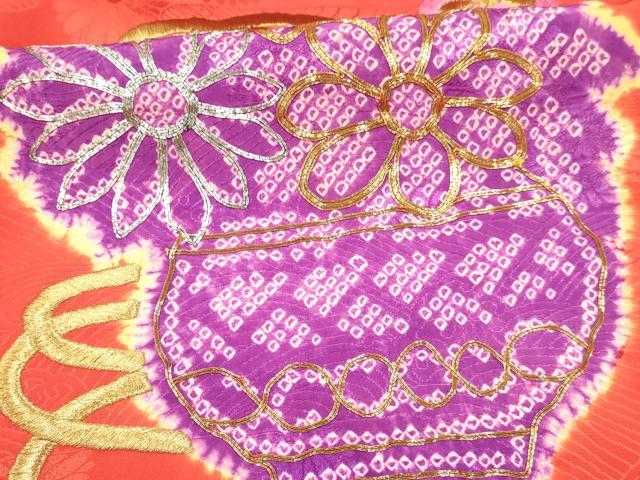 平和屋着物[]七五三　女の子　３歳　祝着　三つ身　駒刺繍　絞り　雲取り陶器花文　金銀糸　逸品　DAAY3287ma