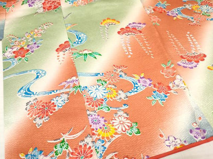 平和屋着物[]七五三　女の子　３歳　祝着　三つ身　流水花文　暈し染め　逸品　DAAY3290ma