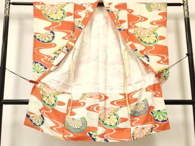 平和屋着物[]アンティーク　大正ロマン　七五三　女の子　７歳　祝着　四つ身　流水片輪車花文　逸品　DAAY3294ma