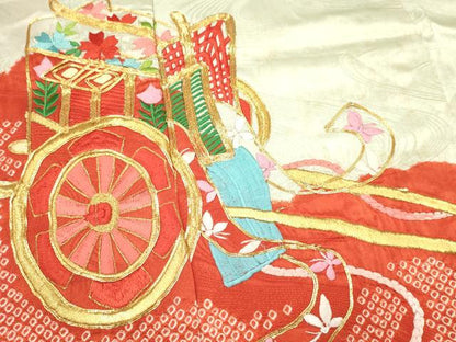 平和屋着物[]七五三　女の子　７歳　祝着　四つ身　駒刺繍　絞り　御所車桐花文　金銀糸　逸品　DAAY3297ma