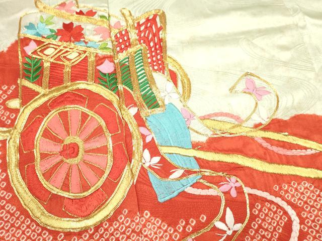 平和屋着物[]七五三　女の子　７歳　祝着　四つ身　駒刺繍　絞り　御所車桐花文　金銀糸　逸品　DAAY3297ma