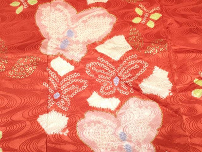 平和屋着物[]七五三　女の子　７歳　祝着　四つ身　駒刺繍　絞り　花蝶文　金彩　逸品　DAAY3299ma