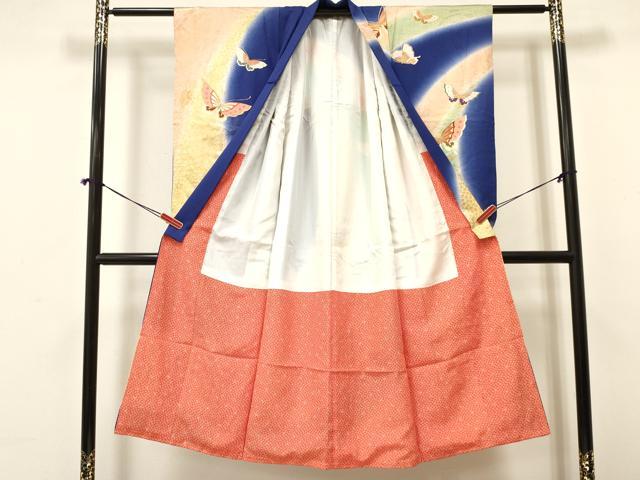 平和屋着物[]七五三　女の子　７歳　祝着　四つ身　駒刺繍　舞蝶花文　暈し染め　金彩　逸品　DAAY3300ma
