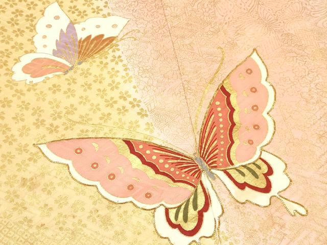 平和屋着物[]七五三　女の子　７歳　祝着　四つ身　駒刺繍　舞蝶花文　暈し染め　金彩　逸品　DAAY3300ma