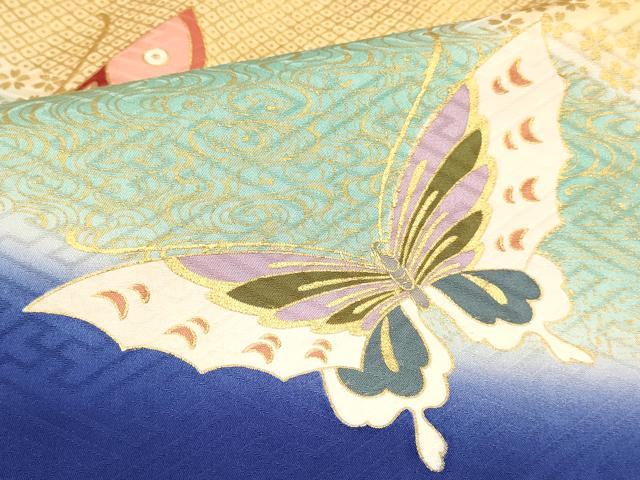 平和屋着物[]七五三　女の子　７歳　祝着　四つ身　駒刺繍　舞蝶花文　暈し染め　金彩　逸品　DAAY3300ma