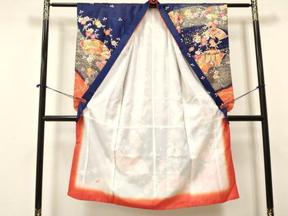 平和屋着物[]七五三　女の子　７歳　祝着　四つ身　地紙重ね御所車花文　暈し染め　金彩　逸品　DAAY3306ma