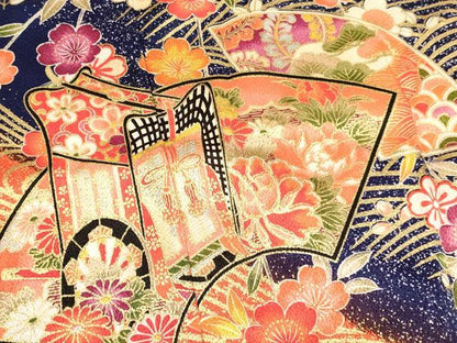 平和屋着物[]七五三　女の子　７歳　祝着　四つ身　地紙重ね御所車花文　暈し染め　金彩　逸品　DAAY3306ma