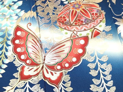 平和屋着物[]七五三　女の子　７歳　祝着　四つ身　鞠舞蝶花文　暈し染め　金銀彩　逸品　DAAY3308ma