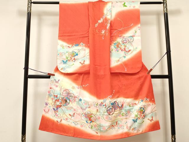 平和屋着物[]七五三　女の子　７歳　祝着　四つ身　駒刺繍　鼓花蝶文　暈し染め　金彩　逸品　DAAY3311ma
