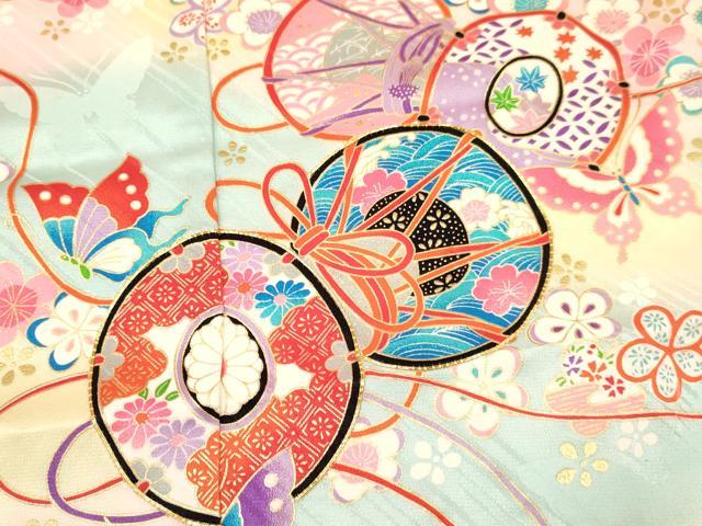 平和屋着物[]七五三　女の子　７歳　祝着　四つ身　駒刺繍　鼓花蝶文　暈し染め　金彩　逸品　DAAY3311ma